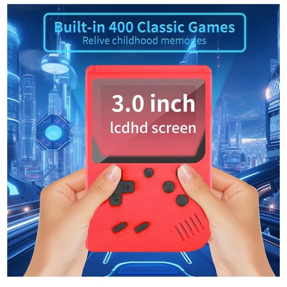 Portable handheld game console with 400+ retro games – red